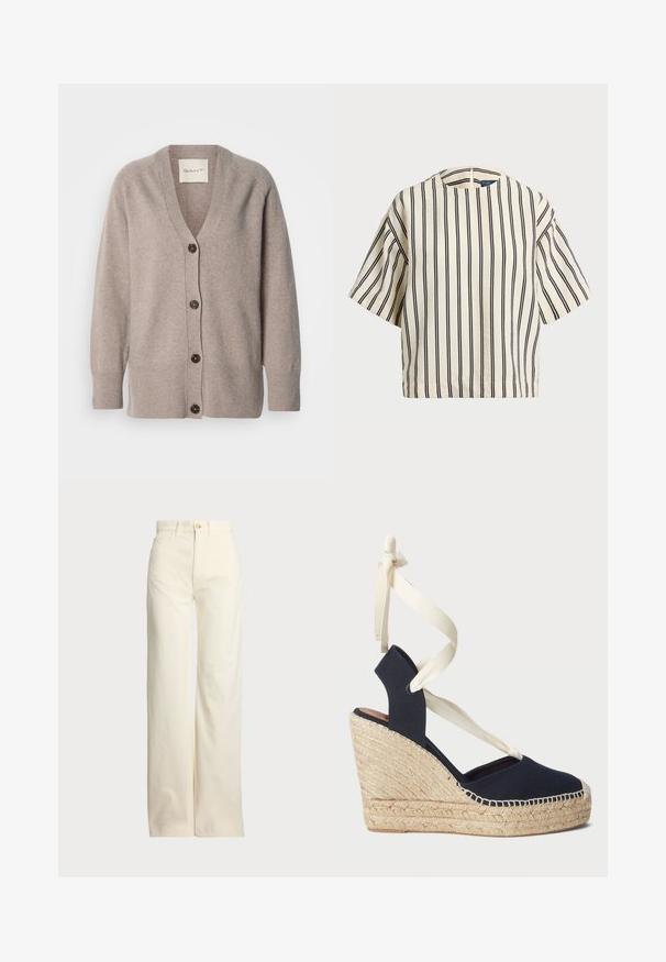 Beežist kardigan pehmest kangast, millel on V-kaelus ja pikad varrukad. Varustatud viie tumepruuni toonis nööbiga ning soonikkoes mansettide ja äärega.; Kreemjas ja tumesinises triibuline lühikeste varrukatega top, millel on ümmargune kaelus ja kastmine disain, valmistatud tekstuurses kangas.; Polo Ralph Lauren COTTON CORDUROY WIDE-LEG PANT - Püksid - warm white; Tumesinane lõuendist kiilkingad, millel on espadrilli köitest väljastatud tald ja kreemivärvi paelad ankle. Suletud kand ja ümar varvas.