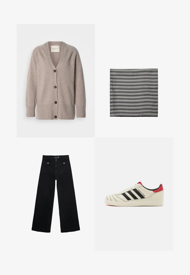 Beige cardigan i mjukt tyg med V-ringning och långa ärmar. Har fem knappar i mörkbrun nyans samt ribbade muddar och fåll.; Vitt bomulls-t-shirt med korta ärmar, rund halsringning och svart Adidas Originals-logotyp tryckt på vänster bröst.; Svart vida jeans med hög midja, med två framfickor och metalldetaljer i form av knappar. Tyget har en mjuk textur.; Krämfärgade lädersneakers med svarta ränder, röda häldetaljer och strukturerade detaljer. Har en gummisula och snörning.; Svart och vit randig scarf, tillverkad av lättviktsmaterial. Fyrkantig form med jämna, alternerande ränder av varierande bredd. Mjuk textur.; Svart läderhandväska med en halvmåneform, slät textur och justerbar axelrem, med subtila hårdvaruaccenter. Dragkedjestängning synlig.