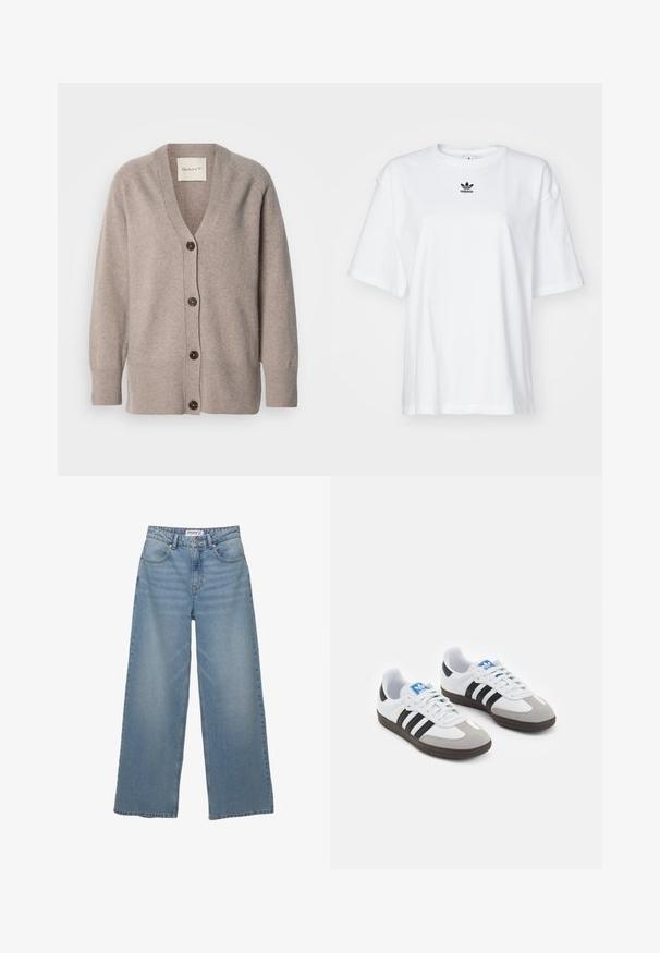 Bezs kardigán puha anyagból, V-nyakkivágással és hosszú ujjakkal. Öt gombbal díszítve sötétbarna árnyalatban, valamint bordázott mandzsettákkal és szegéllyel.; Fehér, rövid ujjú póló, amely pamutból készült. Kerek nyakkivágással és egy kicsi fekete Adidas logóval rendelkezik a mellkasán. Egyenes fazonú szegély.; Világoskék, bő szárú farmernadrág. Magas derekú, öt zsebes kialakítással rendelkezik, egyenes szabású, minimális kopással.; Fehér bőr felsőrészes sportcipő, szürke velúrból készült orral és három fekete csíkkal. Jellemzője a kék logó a nyelvén és egy texturált gumitalp.