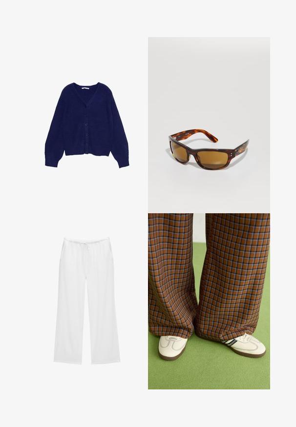 Sötétkék kötött kardigán V-kivágással, hosszú ujjal és hat gombos záródással elöl. Texturált anyag és bordázott részletek.; Tengerészeti rövid ujjú póló fehér virágmintával és a következő szövegekkel: "A Virágarchívum", "Az Evermist Kertészeti Társaság" és "Vadvirágok Kft."; Fehér, bővülő szárú nadrág puha anyagból, elöl húzózsinórral ellátott gumis derékkal és két oldalsó zsebbel. Egyszerű és letisztult dizájn.; Barna és kék kockás, bőrt lábú nadrág, fehér cipővel, fekete részletekkel és texturált talppal, zöld háttér előtt.; Tortoiseshell napszemüveg barna lencsékkel. Elegáns, téglalap alakú keret, sima felület, diszkrét logó az oldalon, és ívelt karok a kényelemért.