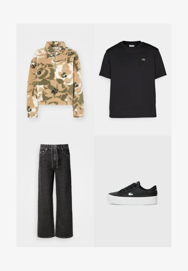 Fleece genser med halv-zip krage, med et blomstrete kamuflasjemønster i beige, olivengrønn og kremfarge. Myk tekstur og lange ermer.; Svart bomull T-skjorte med rund hals, korte ermer og en liten grønn brodert logo på venstre bryst. Enkelt design.; Sorte vidde jeans laget av denim. Har høy midje, beltehemper, frontlommer og detaljer i sølvmetall.; Sorte lavtopp sneakers laget av syntetisk materiale, med hvit gummisåle, svarte snørebånd og en liten hvit logo på siden.