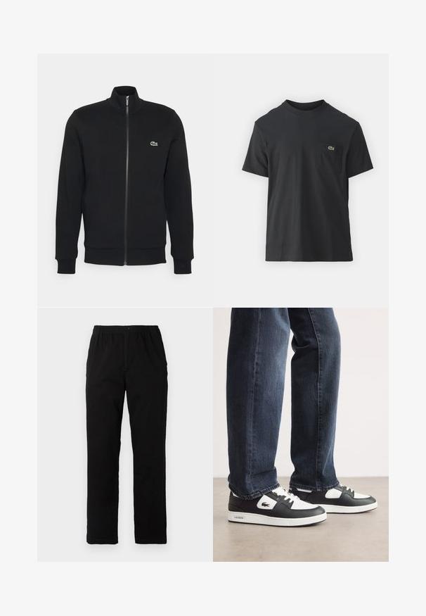 Crna jakna na patentni zatvarač napravljena od mekog materijala. Ima visok ovratnik, duge rukave i mali zeleni logotip s lijeve strane grudi.; Crna pamučna majica s kratkim rukavima, okruglim izrezom i malim zelenim logotipom na lijevoj strani džepa. Jednostavan dizajn, regularni kroj.; Crne hlače od pamuka s dodatkom, ravnog kroja, s elastičnim pojasom i dugmetom, bez vidljivih uzoraka ili ukrasa.; Crno-bijele Lacoste tenisice s teksturiranim kožnim gornjim dijelom, s vezanjem i bijelim gumiranim potplatom. Nosi se s tamnim trapericama.