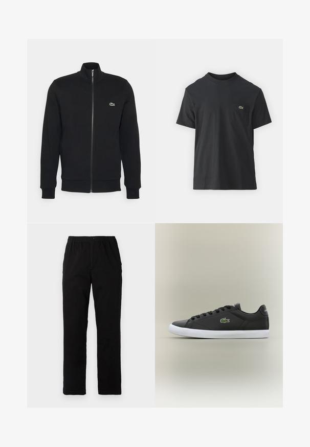 Jqueta preta com fecho éclair, feita de um tecido macio. Apresenta um colarinho alto, mangas longas e um pequeno logótipo verde do lado esquerdo do peito.; Camiseta de algodão preta com mangas curtas, decote redondo e um pequeno logo verde no bolso do peito esquerdo. Design simples, corte regular.; Calças pretas feitas de um tecido de algodão misto, com corte reto, cintura elástica com botão e sem padrões ou detalhes visíveis.; Tênis de couro preto com sola de borracha branca, apresentando um logotipo de crocodilo verde e cadarços redondos, design elegante com textura suave.