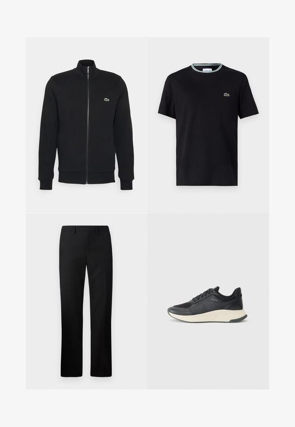 Black zip-up jacket made of soft fabric. Features a high collar, long sleeves, and a small green logo on the left side of the chest.; Black cotton t-shirt with a crew neck, featuring a white and green striped trim, and embroidered green crocodile logo on the left chest.; Black tailored trousers with a straight leg design, made from smooth fabric. Features include a flat front and mid-rise waistband.; Black athletic sneaker featuring a mesh upper with perforations, a textured midsole in cream, and a rubber outsole for traction.