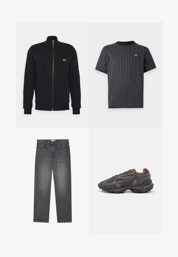 Svart hettejakke laget av mykt stoff. Har høy krage, lange ermer og en liten grønn logo på venstre side av brystet.; Svart T-skjorte med kort erme som har et geometrisk mønster og en grønn krokodillelogo, med solid svart rund hals.; Mørkegrå denimjeans med rett snitt, som har fem lommer, en frontlukking med knapp og subtil fading over stoffet.; Lacoste-sneakers i mørkegrått med mesh- og syntetisk materiale, med en teksturert såle og brune detaljer på kragen og merket.