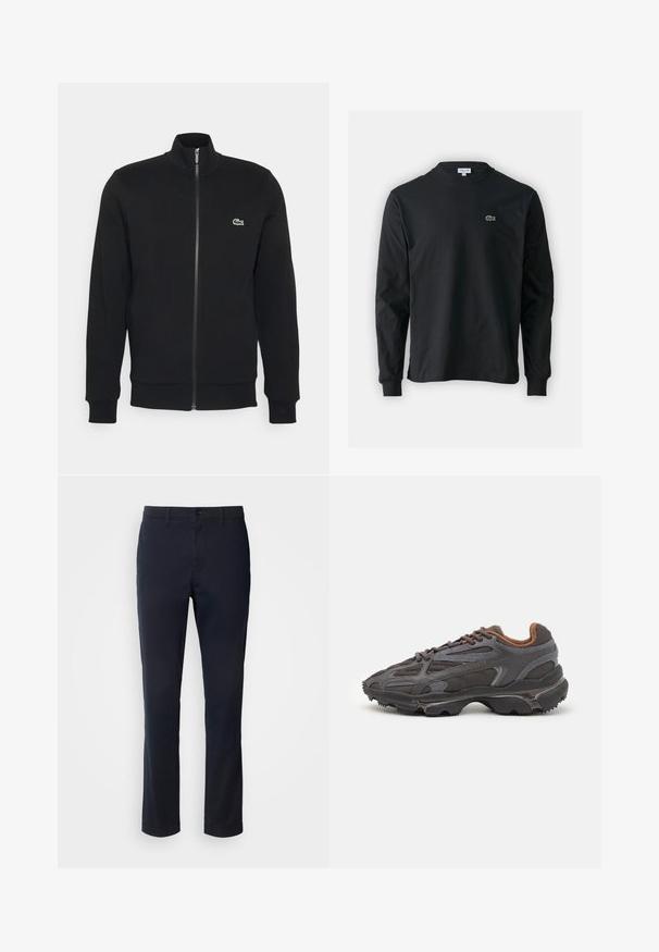 Crna jakna na patentni zatvarač napravljena od mekog materijala. Ima visok ovratnik, duge rukave i mali zeleni logotip s lijeve strane grudi.; Crna majica dugih rukava od pamuka, s okruglim izrezom i malim zelenim izvezenim logotipom krokodila s lijeve strane prsnog dijela.; Mornarske plave hlače od glatkog materijala, sa ravnim nogavicama, s petljama za pojas i kopčanjem na gumb s zatvaračem.; Lacoste tenisice u tamno sivoj boji s mrežastim i sintetičkim materijalom, s teksturiranom potplatom i smešnim akcentima na ovratniku i brandiranju.