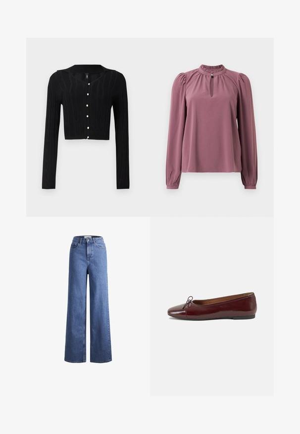 Černý zkrácený kardigan z pleteniny s copánkovým vzorem a výstřihem do V, se šesti perlovými knoflíky vpředu.; Halenka s dlouhým rukávem v barvě mauve, s nařaseným límcem, výstřihem ve tvaru klíče se zapínáním na knoflík a mírně našitými rameny.; Svetle modré denimové široké kalhoty s vysokým pasem, dvěma předními kapsami a viditelným švem. Obsahují knoflíkový a zipový uzávěr.; Burgundské lakové baleríny s kulatou špičkou, malou mašlí vpředu a nízkou černou gumovou podrážkou. Hladký povrch.