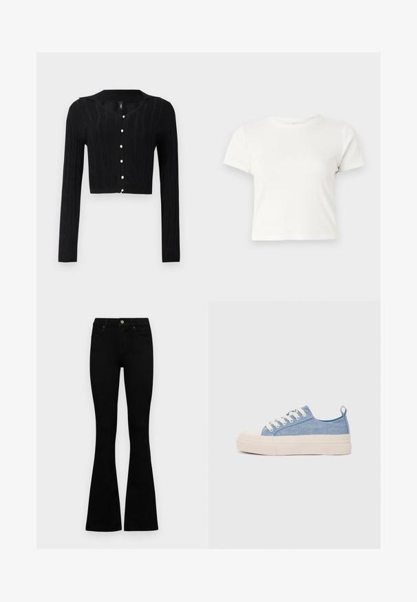 Black cropped cardigan made of knitted fabric, featuring a cable pattern and a V-neckline, with six pearl buttons down the front.; Short white t-shirt made of cotton with short sleeves, a round neckline, and a straight hem, featuring a smooth texture and minimal design.; Black high-waist jeans with a button and zip closure, front pockets, and flared legs laid flat on a white background.; Light blue canvas sneakers with a cream rubber toe cap and outsole, featuring white laces and a pull tab on the heel.