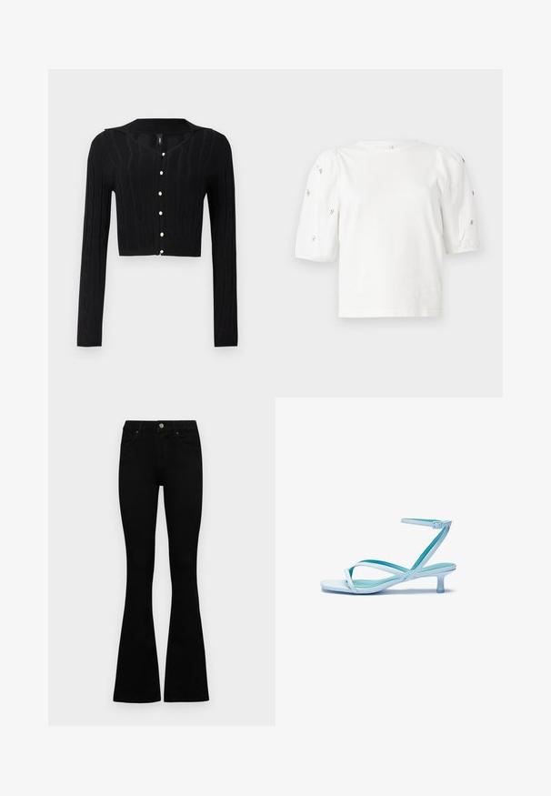 Cardigan preto curto feito de tecido de malha, apresentando um padrão em corda e um decote em V, com seis botões de pérola à frente.; T-shirt branca de algodão com mangas puff curtas, apresentando pequenos embellissements prateados ao longo das mangas. Decote redondo clássico, corte descontraído.; Jeans pretos de cintura alta com fecho de botão e zíper, bolsos frontais e pernas largas dispostos em cima de um fundo branco.; Sandal de tira azul claro com ponta quadrada, salto baixo, tira ajustável no tornozelo e acabamento liso e brilhante. Tiras cruzadas na palmilha.