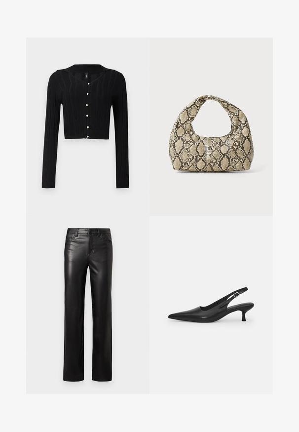 Fekete, rövidített kardigán kötött anyagból, fonott mintával és V-nyakú kivágással, hat gyöngygombbal az elején.; Szürke, rövid ujjú póló, puha pamut keverékből készült. Kerek nyakú, laza fazonú, sima tapintású és minimális dizájnnal.; Fekete bőr nadrág egyenes szabással, gombos záródással és elülső zsebekkel. Simább textúrával és diszkrét varrási részletekkel rendelkezik.; Fekete bőr szandálcipő hegyes orral és karcsú, ívelt sarokkal. Diszkrét, állítható pánttal rendelkezik, fém csattal.; Kígyómintás kézitáska ívelt fogantyúval. Texturált, bézs és barna anyagból készült, jellegzetes gyémántmintával.