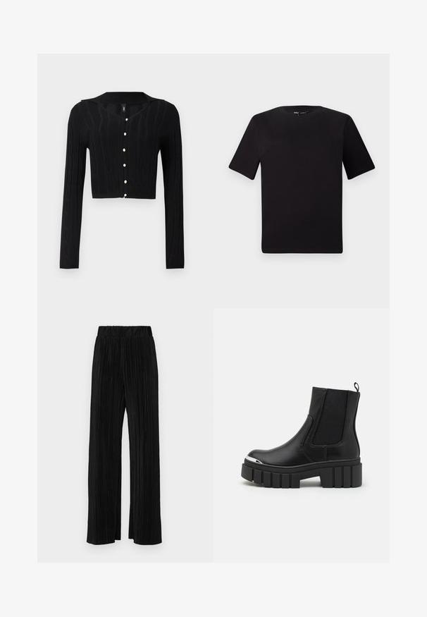 Cardigan scurt negru din țesătură tricotată, cu un model cu cabluri și decolteu în V, având șase butoane din perlă în față.; Tricou scurt negru cu mânecă scurtă și guler rotund, realizat dintr-un material de bumbac moale. Design simplu, fără logo-uri sau modele vizibile.; Pantaloni negri plisati cu talie elastică. Prezintă picioare largi și un material neted, texturat, cu dungi verticale.; Botine negre până la gleznă, din piele netedă, cu panouri elastice, talpă groasă și vârf metalic.