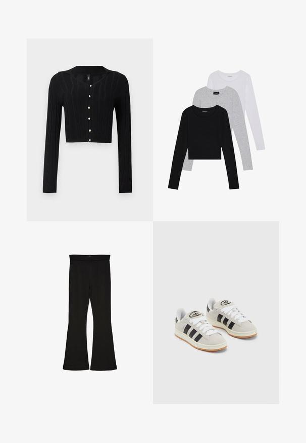 Cárdigan negro corto hecho de tejido de punto, con un patrón de trenzas y un escote en V, con seis botones de perla en la parte delantera.; Tres camisetas de manga larga apiladas: negra, gris y blanca. Cada una tiene un escote redondo y un diseño recortado con una tela suave y ligera.; Leggings negros de campana hechos de una tela elástica. Con una cinturilla ancha y una textura suave, presentan una silueta ajustada que se ensancha en el dobladillo.; Zapatillas de ante gris con cordones blancos, rayas negras y suela de goma blanca. Presentan un logo circular en la lengüeta y una suela de goma.