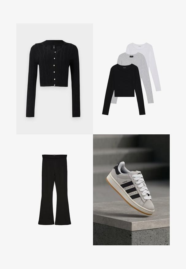 Black cropped cardigan made of knitted fabric, featuring a cable pattern and a V-neckline, with six pearl buttons down the front.; Three long-sleeve tops stacked: black, grey, and white. Each has a round neckline and a cropped design with smooth, lightweight fabric.; Black flare leggings made from stretchy fabric. Features a wide waistband and a smooth texture, with a fitted silhouette that flares at the hem.; Gray Adidas Campus sneaker with black stripes and white laces floating above a concrete ledge with stairs in the background.