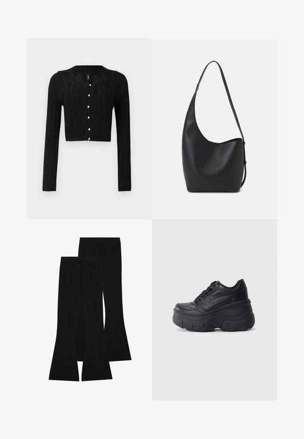 Cardigan nero cropped realizzato in tessuto lavorato a maglia, con un motivo a trecce e scollatura a V, dotato di sei bottoni perla sul davanti.; T-shirt nera in cotone con maniche corte sopra un sotto manica lunga bianca, caratterizzata da una sottile texture. Design con scollo rotondo.; Pantaloni neri a zampa d'elefante realizzati in tessuto elasticizzato, con vita alta e una superficie liscia, dal taglio aderente che si allarga a partire dal ginocchio.; Sneaker nere con lacci e suola spessa, caratterizzate da una tomaia in pelle liscia, punta arrotondata e un distintivo design a piattaforma stratificata.; Borsa hobo nera in pelle con una superficie liscia, forma curvata e una singola tracolla regolabile; presenta un'ampia apertura nella parte superiore.