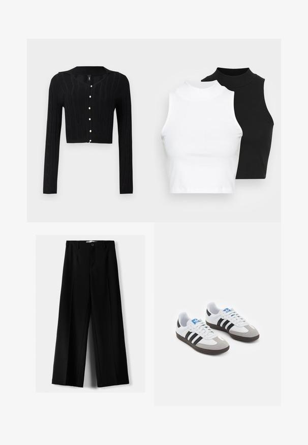 Čierny skrátený kardigán vyrobený z pleteného materiálu, s kabelkovým vzorom a výstrihom do V, so šiestimi perlovými gombíkmi pozdĺž prednej strany.; Dve bezrukávové rebrované roláky v čiernej a bielej farbe, pričom majú priliehavý strih a hladkú textúru, s krátkou dĺžkou.; Čierne široké nohavice z ľahkého materiálu, s predným zapínaním na gombík a plochým predným dielom, s pekne ušitými lemami.; Športové topánky s bielym koženým zvrškom, šedou semišovou špičkou a tromi čiernymi pruhmi. Obsahujú modré logo na jazyku a štruktúrovanú gumovú podrážku.