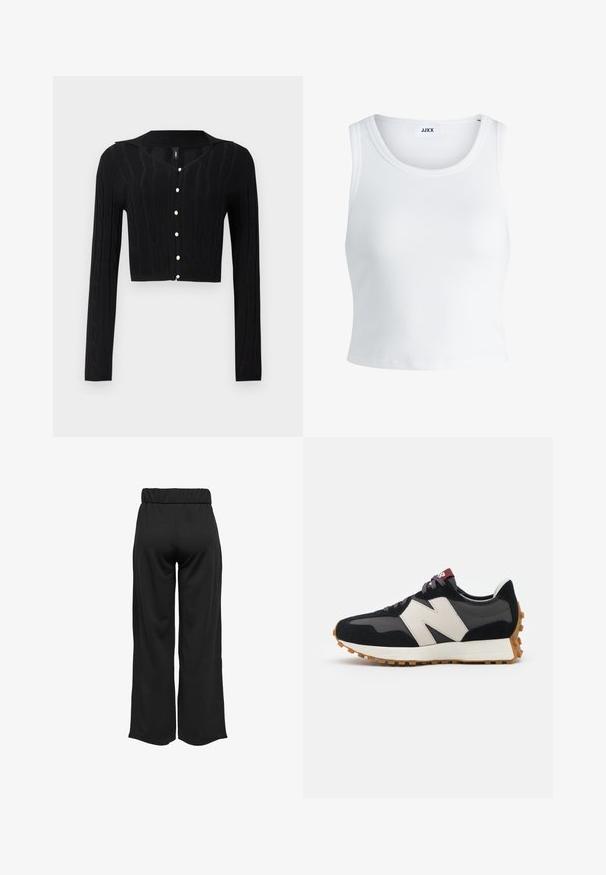 Černý zkrácený kardigan z pleteniny s copánkovým vzorem a výstřihem do V, se šesti perlovými knoflíky vpředu.; Bílý žebrovaný top na ramínka se kulatým výstřihem, bez rukávů a zkrácenou délkou. Název značky je "JJXX." Hladká struktura látky.; Černé široké kalhoty s elastickým pasem, vyrobené z hladkého materiálu. Disponují čistým designem bez kapes nebo viditelných švů.; Černé a šedé semišové tenisky s velkým krémovým logem "N", fialovými tkaničkami a strukturovanou gumovou podrážkou.