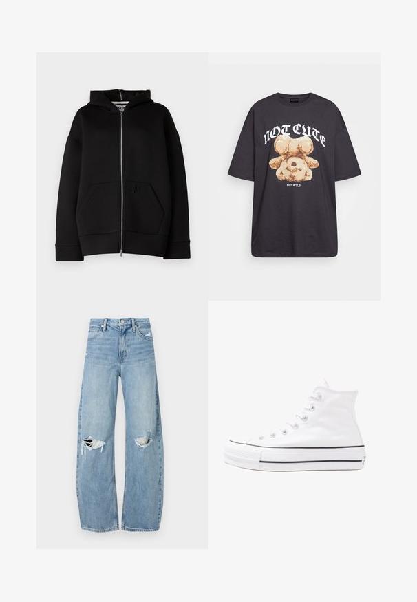 Felpa nera con zip e tasca a marsupio, realizzata in tessuto misto cotone. Presenta un cappuccio e un logo tono su tono in rilievo sulla tasca.; T-shirt nera oversize con una grafica di un orso e la scritta "NON CARINA MA SELVAGGIA" in grassetto, lettere bianche. Materiale in cotone.; Jeans azzurri chiari a vita alta realizzati in denim. Presentano gambe larghe, due aree strappate sulle ginocchia e il classico styling a cinque tasche.; Sneaker alta in tela bianca con suola in gomma nera, punta in gomma frontale e sei asole per i lacci, caratterizzata da un design pulito e minimalista.