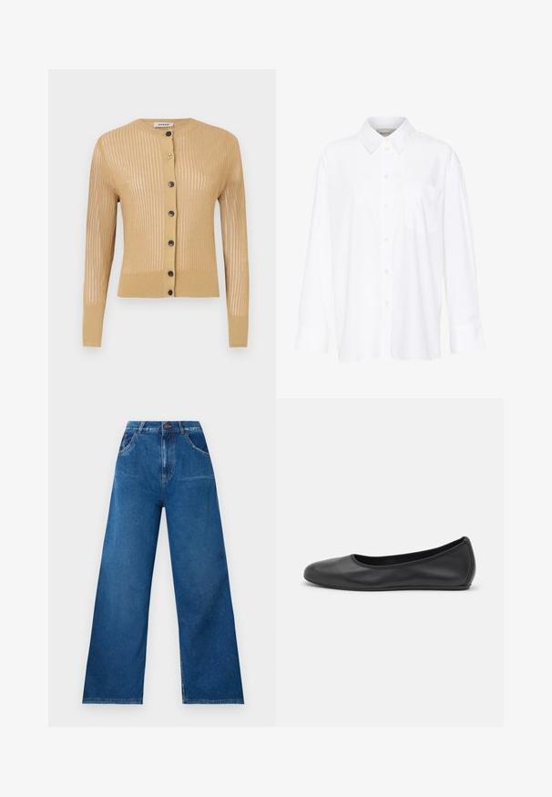 Pletený cardigan ve světlé béžové barvě, s vertikálními pruhy, dlouhými rukávy, kulatým výstřihem a pěti černými knoflíky vpředu.; Bílá košile s dlouhým rukávem a límečkem vyrobená z bavlny. Má knoflíkovou přední část a jedno kapsičku na prsou. Hladký povrch, volný střih.; Široké džíny v tmavě modrém denimovém provedení s vysokým pasem, vybavené předními a zadními kapsami a kontrastním prošíváním.; Černé kožené baletní byty s kulatou špičkou, hladkou texturou, minimálními švy a flexibilním designem podrážky.
