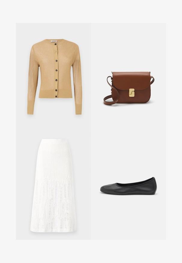Knit cardigan in light tan, featuring vertical stripes, long sleeves, round neckline, and five black buttons down the front.; White short-sleeve t-shirt made of ribbed fabric. Round neckline, regular fit, and subtle stitching details. No patterns or graphics.; Knit white midi skirt featuring a textured pattern with vertical lines and cut-out details near the hem. Elastic waistband. Soft material.; Black leather ballet flat with a rounded toe, smooth texture, minimal stitching detail, and a flexible sole design.; Brown leather handbag with a flap closure, gold-tone hardware, a shoulder strap, and a smooth texture. Compact rectangular shape.
