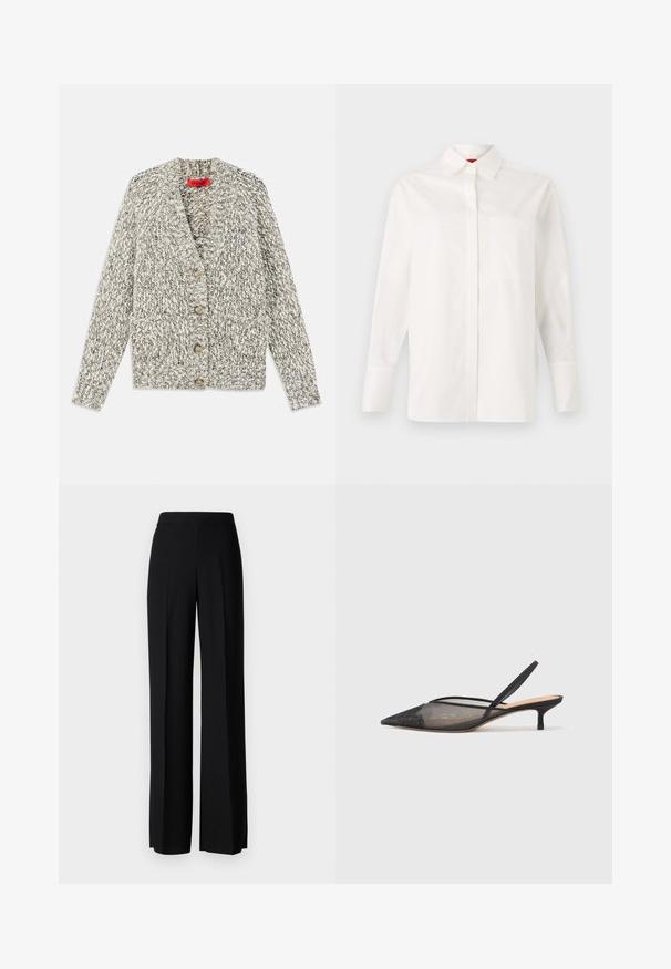 Pelēka un krēmkrāsas masīva adīta kardigāna ar šalu apkakli, piecām koka pogām un divām priekšējām kabatām. Teksturēta diega un atvērtā priekšpuse.; Balta garām piedurknēm krekls, izgatavots no kokvilnas, ar klasisku apkakli, vienu krūšu kabatu un pogājamām aprocēm. Gluda tekstūra, taisna piegriezuma.; Melni platleği bikses ar gludu tekstūru, ar augstu jostasvietu un centrālajām krokām. Nav redzamu rakstu vai aparatūras detaļu.; NEOUS IRENA - Klasiski papēži - black