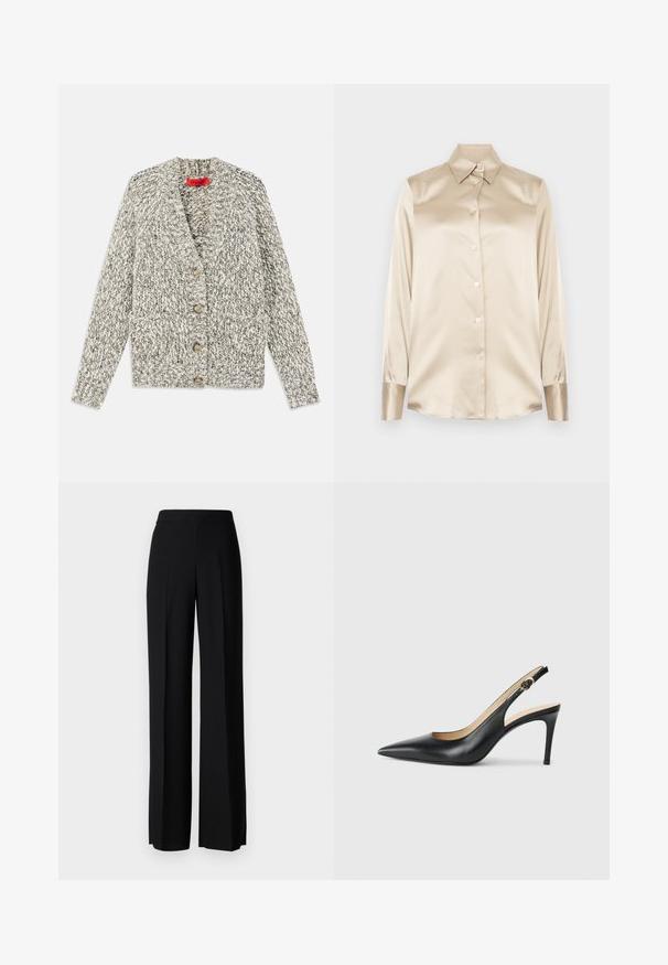 Cardigan de punto grueso en tonos gris y crema con cuello de chal, cinco botones de madera y dos bolsillos frontales. Hilo texturizado y diseño de frente abierto.; Camisa de satén beige con cuello puntiagudo, mangas de largo completo, cierre de botones y puños con un acabado ligeramente más brillante. Sin patrones ni acentos.; Pantalones de pierna ancha negros con una textura suave, que presentan una cintura alta y pliegues centrales. Sin patrones visibles ni detalles de hardware.; Tacones altos negros de cuero con tirantes, punta afilada, correa ajustable y un elegante tacón de aguja, con un acabado suave.