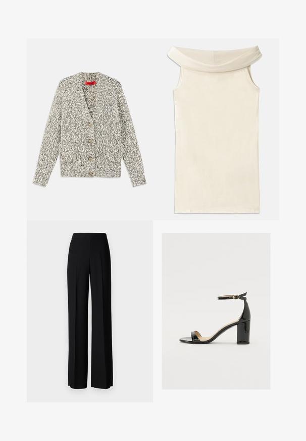 Grau- und crèmefarbener grobstrickiger Cardigan mit einem Schalkragen, fünf Holzknöpfen und zwei vorderen Taschen. Strukturiertes Garn und offenes Design.; Beige Off-Shoulder Kleid aus glattem Stoff, mit weiter Halslinie und ärmellosem Design, gerader Schnitt und sauberem Saum.; Schwarze weite Hosen mit einer glatten Textur, ausgestattet mit einem hohen Bund und mittleren Falten. Keine sichtbaren Muster oder Hardware-Details.; Schwarze Lackleder-Sandalette mit weitem Absatz, offener Zehenpartie und Knöchelriemen mit goldener Schnalle. Glatte Textur und elegantes Design.