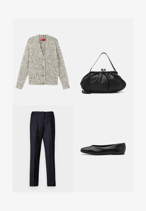 Siva i kremasta masivna pletena kardigan s šalom, pet drvenih dugmadi i dva prednja džepa. Teksturirana pređa i otvoreni dizajn.; Crni dugi rukav turtleneck majica izrađena od glatkog materijala, s volanima oko vrata i uskim siluetom s jednostavnim rubovima.; Mornarske krojene hlače s glatkom teksturom, koje imaju ravni prednji dio, dvostruke nabore i petlje za remen. Ravne nogavice, s obrubljenim rubom.; Paul Smith TOPANGA - Balerinke - black; Crna kožna torba s zaobljenim, naboranim dizajnom. Ima metalnu kopču s dva ukrasna gumba i tanki, odvojivi remen.