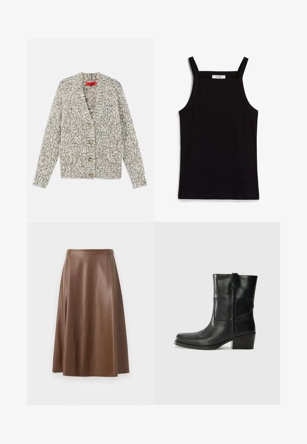Gray and cream chunky knit cardigan with a shawl collar, five wooden buttons, and two front pockets. Textured yarn and open front design.; Black tank top with thin spaghetti straps, made of a ribbed fabric, featuring a straight cut and a label at the neckline reading "IVY OAK."; Brown leather A-line skirt with a smooth texture and a mid-length hem. Features a fitted waistband and a slight flare from the hips.; Black leather ankle boot with a rounded toe, block heel, side zipper, and stitching accents on the vamp. Smooth texture, classic design.