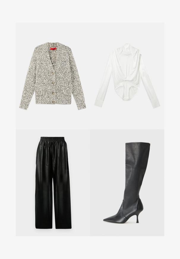 Hallide hallide ja kreemja värviga paks kudum, millel on šaalikaelus, viis puidust nuppu ja kaks eesmist taskut. Tekstuuriga lõng ja avatud ees.; Valge pika varrukaga bodysuit sügava kaelusega ja klõpsuga kroonis, esitatud lihtsal valgel taustal.; Mustad nahast laiade säärega püksid elastse vöökohtaga, millel on kaks küljetaskut ja sile, läikiv pind.; Knee-high mustad nahksaapad terava nina ja kitsaste stiilsete kontsadega. Sile tekstuur sobiva disainiga ja õmblused ülemisel serval.