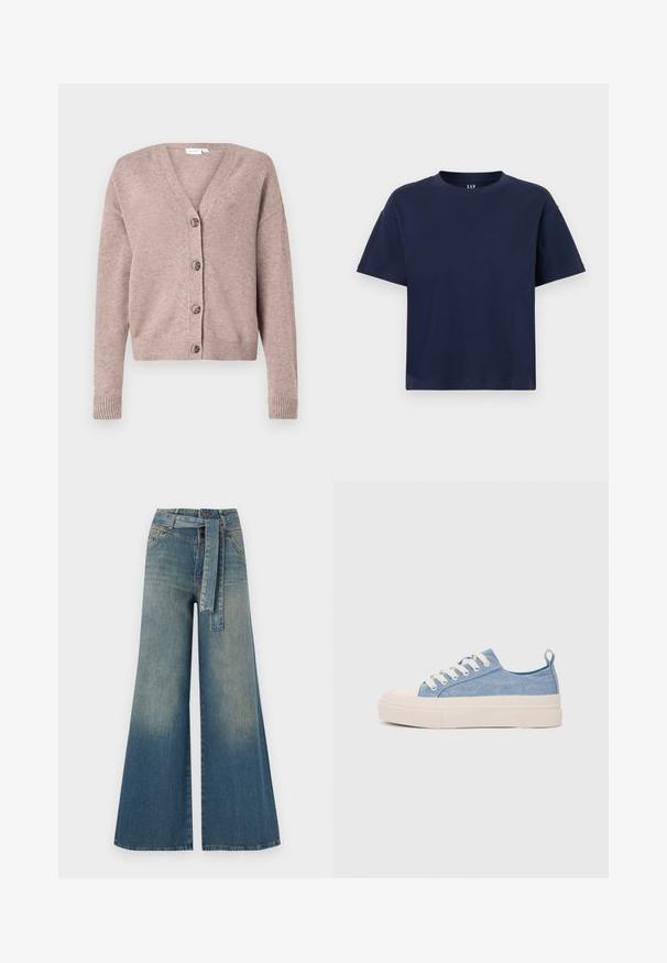 VILA VIRIL - Jopica - brown; Mornarsko modra bombažna majica s krožno ovratnikom in kratkimi rokavi, ki se ponaša z sproščenim krojem in minimalističnim dizajnom. Brez vzorcev ali dodatkov.; Široke jeans hlače z gradientom od svetlo do temno modre, visokim pasom, zankami za pas in pasom iz istega materiala. Tekstura denim končnica.; Svetlo modri platneni športni copati z kremnim gumijastim zaščitnikom na prstih in podplatom, z belimi vezalkami in zanko na peti.