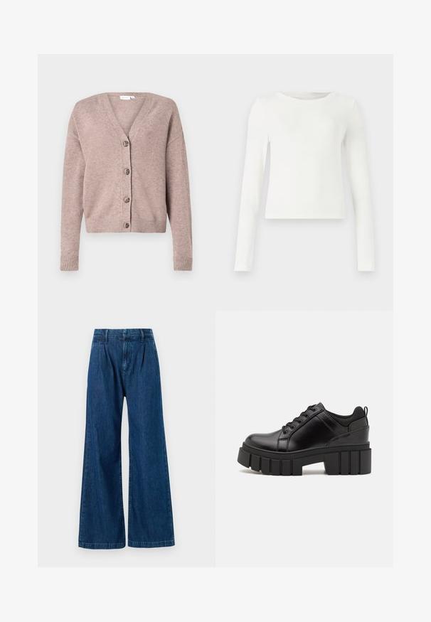 VILA VIRIL - Adīta jaka - brown; Balts garām piedurknēm ribots tops ar apaļu kaklu. Gluda tekstūra, pieguļošs dizains un bez redzamām rakstiem vai akcentiem. Vienkāršs un minimālistisks stils.; Platām kājām denima bikses tumši zilā krāsā. Iezīmēts ar plecu priekšpusi un šūtu detaļām jostasvietā un malās. Izgatavotas no kokvilnas auduma.; Melnas ādas platformas kurpes ar masīvu bloku papēdi, apaļu purngalu un tradicionālu saistīšanas dizainu. Izceļas ar gludu tekstūru un minimālu apdari.