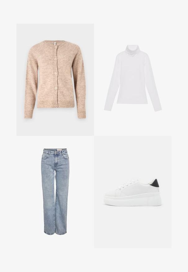 Μπεζ cardigan από υφασμάτινη υφή με στρογγυλή λαιμόκοψη και πέντε κουμπιά μπροστά. Διαθέτει ριμπ μανσέτες και στρίφωμα.; Λευκή μακρυμάνικη μπλούζα με ψηλό λαιμό από λείο, ελαστικό ύφασμα. Διαθέτει ψηλό γιακά και εφαρμοστή σχεδίαση, χωρίς ορατά σχέδια ή διακοσμητικά.; Ανοιχτού μπλε τζιν με φαρδιά πόδια, κατασκευασμένα από τζιν ύφασμα, με ψηλή μέση, πέντε τσέπες και μια subtile φθορά για ένα εμφάνιση φθαρμένου.; Λευκά πλατφόρμα αθλητικά παπούτσια κατασκευασμένα από λείο συνθετικό υλικό, με στρογγυλή μύτη, σχέδιο με κορδόνια και υφασμένη καουτσούκ σόλα. Μαύρη έγχρωμη λεπτομέρεια στη φτέρνα.