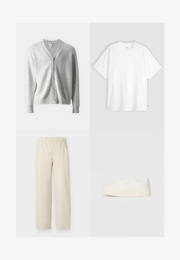 Samsøe Samsøe SAYAMA CARDIGAN - Cardigan - clear cream; T-shirt bianco a maniche corte in cotone con collo rotondo. Presenta un discreto dettaglio logo in rilievo sulla parte frontale e un'etichetta rossa sull'orlo.; Pantaloni beige a gamba larga con vita elastica, realizzati in tessuto morbido. Presentano una texture liscia e senza motivi o dettagli visibili.; Sneakers bianchi slip-on con superficie texturizzata, suola spessa e design minimalista. Presentano il logo del marchio sul lato.