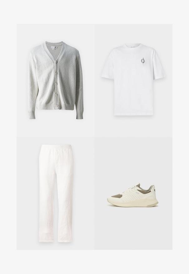 Samsøe Samsøe SAYAMA CARDIGAN - Cardigan - clear cream; Hvit bomull t-skjorte med avslappet passform, med en liten svart grafisk logo på venstre brystområde. Korte ermer, rund hals.; Hvite linbukser med elastisk midje, rett ben-design og en lett strukturert tekstur. Uten mønstre eller ekstra detaljer.; Hvit og lysebeige treningssko, med en mesh-overdel, perforerte detaljer og en teksturert mellomsåle med merkevare på hælen.