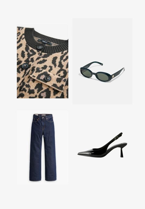 Pulover bej cu imprimeu leopard negru, guler ribborat negru și nasturi negri; are un buzunar pe piept cu clapetă.; Camasa albă, cu guler punctat, mâneci lungi și un mic logo albastru pe pieptul stâng. Fabricată din material de bumbac.; Jeans din denim dreapta, de culoare albastru închis, cu cinci buzunare, cusături portocalii și închidere cu nasture.; Pantofi cu toc slingback din piele patent neagră, cu vârf ascuțit, laterale decupate, curea la gleznă ajustabilă și toc subțire, elegant.; Ochelari de soare ovali din plastic verde închis, cu lentile colorate și un accent rectangular aurit pe ramă. Textură netedă și design elegant.