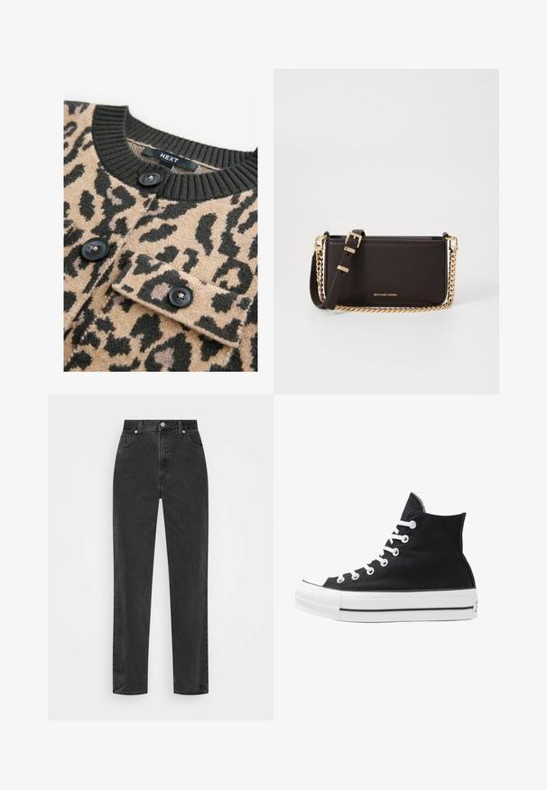 Maglione beige con stampa leopardata nera, colletto a coste nero e bottoni neri; presenta una tasca sul petto con pattina.; Camicia bianca con bottoni, maniche lunghe, colletto strutturato e orlo arrotondato. Realizzata in un tessuto liscio e uniforme, senza motivi visibili o dettagli.; Jeans in denim nero a gamba dritta con vita alta, bottone e cerniera frontali, e cinque tasche su uno sfondo bianco.; Sneaker alta nera in tela con occhielli e lacci bianchi e suola in gomma. Presenta un punta testurizzata e accenti a strisce bianche e nere.; MICHAEL Michael Kors BRYANT SM XBODY POUCHETTE - Borsa a tracolla - chocolate