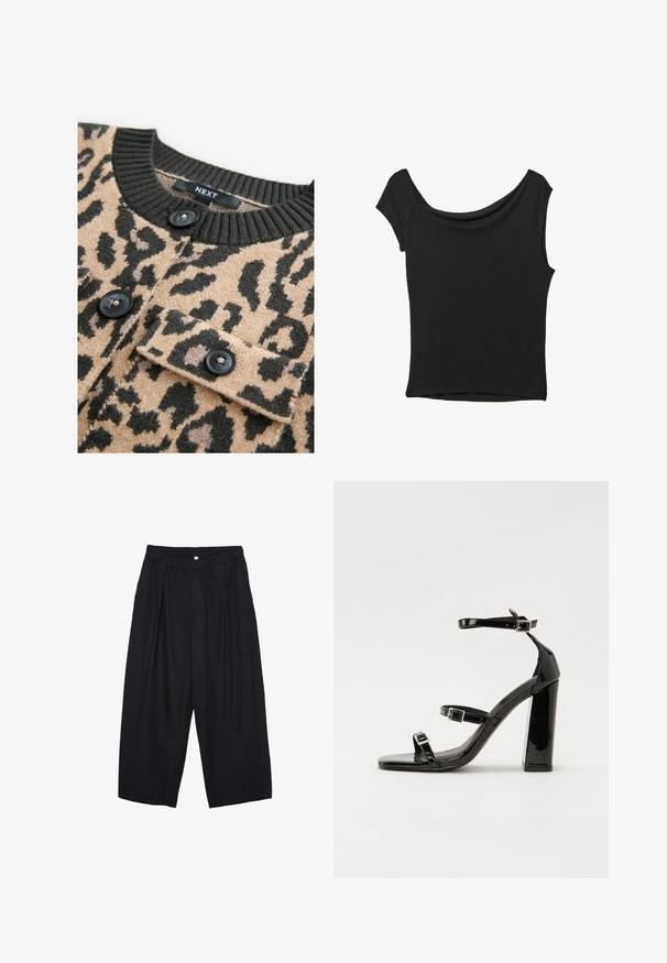 Beiger Pullover mit schwarzem Leopardenmuster, geripptem schwarzen Ausschnitt und schwarzen Knöpfen; ausgestattet mit einer Brusttasche mit Klappe.; Schwarzes Kurzarmoberteil aus glattem Stoff; hat einen drapierten Ausschnitt und einen asymmetrischen Saum, mit einem figurbetonten Körper.; Schwarze Polyester-Culotte mit einem elastischen Bund, zwei vorderen Falten und einer lockeren Silhouette. Keine sichtbaren Muster oder Hardware-Details.; Schwarze patentierte Sandalen mit Absatz, quadratischer Spitze, Knöchelriemen und silbernen Schnallen. Mit einem stabilen Blockabsatz für mehr Stabilität.