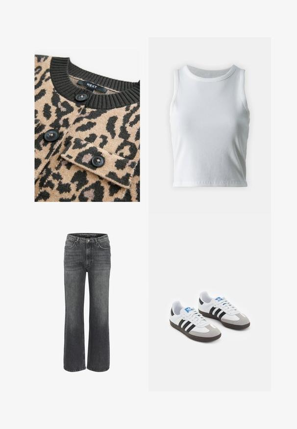 Beige sweater med sort leopardprint, ribbet sort halskant og sorte knapper; har brystlomme med klap.; Hvid ribbet tanktop med rund halsudskæring og ærmeløs design, med en lige kant og en glat, strækbar tekstur.; Bredde ben jeans i mørkegrå denim med et klassisk femlomme-design, stikninger og en knaplukning i taljen.; Sportsko med en overdel i hvid læder, grå ruskind på tåen og tre sorte striber. Har et blåt logo på tungen og en struktureret gummisål.