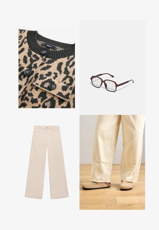 Maglione beige con stampa leopardata nera, colletto a coste nero e bottoni neri; presenta una tasca sul petto con pattina.; Top senza maniche nero con colletto alto, realizzato in un tessuto morbido. Design aderente con collo alto e orlo dritto, minimalista e di colore uniforme.; Pantaloni beige a gamba larga in cotone misto. Presentano tasche frontali e una chiusura con un singolo bottone metallico in vita. Texture liscia.; Pantaloni beige a gamba larga indossati con zoccoli in suede tan di Birkenstock su un pavimento in legno chiaro.; Occhiali rettangolari marroni con lenti trasparenti e tonalità viola. Montatura in plastica liscia con stanghette dritte e accenti sottili.; Anello placcato in oro con tre bande interconnesse e arrotondate, caratterizzato da una superficie liscia e lucida e da lievi scanalature tra le bande.