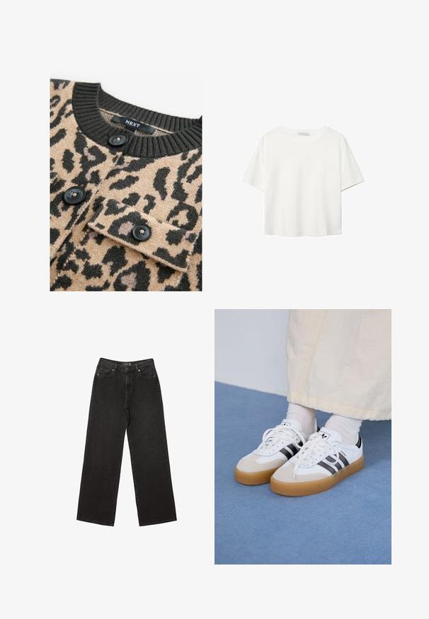 Beige tröja med svart leopardmönster, ribbad svart halsringning och svarta knappar; har bröstficka med klaff.; Vit t-shirt med kort ärm i bomull. Har en rundad halsringning och en avslappnad passform. Slät textur utan synliga mönster eller detaljer.; Svart vida jeans i denim, med små prickiga mönster, klassisk femfickorsdesign och stängning med knäppning och dragkedja.; Vita sneakers med svarta ränder och beige mockadetaljer. Har en texturerad gummisul och platta vita skosnören, bärs med ljusa strumpor.