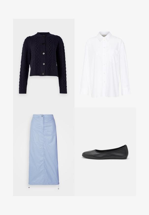 Weekend Max Mara AFOSI - Kardigan - blu; Valge pika käisega krae särg, mis on valmistatud puuvillast. Omab nööbipaneeli esiosa ja ühte rinna taskut. Sujuv tekstuur, vabalt lõigatud.; Hele sinise, keskmise pikkusega seelik, mis on valmistatud siledast, kergest materjalist ja millel on sirge lõige. Seelikul on eesnuppude sulgemine ja tõmbluku äär.; Musthave mustika tantsutossud mustast nahast, ümmarguse varbaga, siledast tekstuurist, minimaalse õmblusdetailiga ja paindliku tallakujundusega.