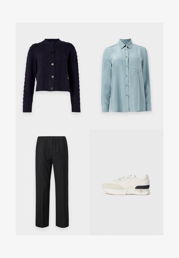 WEEKEND MaxMara AFOSI - Cardigan - blu; Lys blå langermet skjorte laget av glatt stoff, med knapper foran, krage og en enkelt brystlomme.; Sorte bukser med elastisk linning, rette ben og ingen synlige lommer. Glatt stoff med matte overflate.; Hvite sneakers med en teksturert ser ut som en suede tåhette, glatt mesh-overdel, dekorative snørebånd og en svart gummihælaccent.