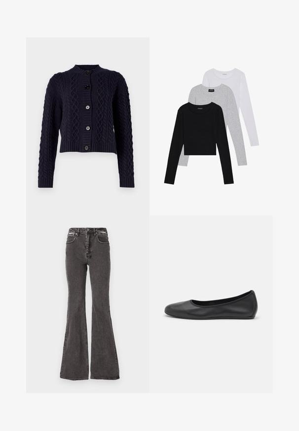 WEEKEND MaxMara AFOSI - Ζακέτα - blu; Τρία μπλουζάκια με μακριά μανίκια τοποθετημένα το ένα πάνω στο άλλο: μαύρο, γκρι και άσπρο. Κάθε μπλούζα έχει στρογγυλή λαιμόκοψη και cropped σχέδιο, κατασκευασμένη από απαλό, ελαφρύ ύφασμα.; Μαύρα φαρδιά τζιν παντελόνια από τζιν με φθαρμένη υφή, διαθέτοντας μπροστινές τσέπες, θηλιές ζώνης και μεταλλικά αξεσουάρ στη μέση.; Μαύρο δερμάτινο μπαλαρίνι με στρογγυλή μύτη, λεία υφή, ελάχιστες λεπτομέρειες ραφής και σχεδίαση ευέλικτης σόλας.