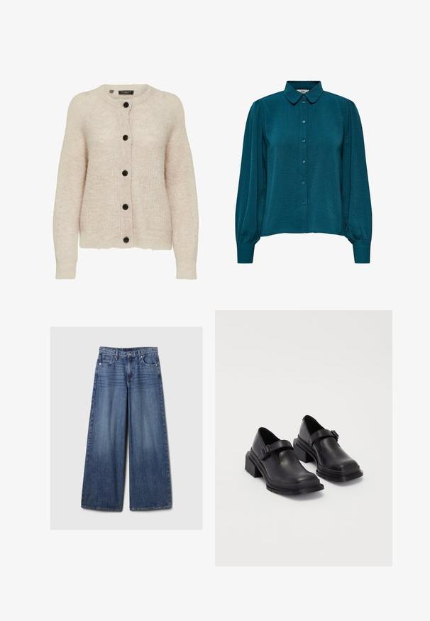 Cardigans de punto en color beige claro con cuello redondo, botones negros y detalles acanalados en los puños y el dobladillo. Tejido suave y texturizado.; Blusa azul verdoso con cuello tipo camisa, cierre de botones en el frente y mangas largas. Fabricada con una tela texturizada y puños fruncidos.; Jeans de mezclilla azul de pierna ancha con un acabado desgastado, que cuentan con un cierre de botón y cremallera, cinco bolsillos y cinturas.; Zapatos de cuero negros con punta redondeada, suela plana y una correa con detalle de hebilla. Tacón cuadrado grueso para mayor estabilidad.