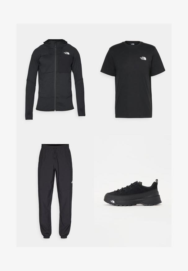 Melnā piedurkņu jaka ar teksturētu audumu, kapuci un divām sānu kabatām, ar krūšu kabatu, kurai ir melns ielāps un balta logo.; Melna kokvilnas T-krekls ar īsām piedurknēm, apaļu kakla izgriezumu un mazu balto logotipu kreisajā krūtīs. Vienkāršs dizains, gluda tekstūra un brīvs piegriezums.; Melni sporta bikses, kas izgatavotas no viegla auduma, ar savelcamu jostu, sānu kabatām un sašaurinātiem apakšējiem galiem pie potītēm.; Melni āra sporta apavi ar zamšādas virsu, teksturētu gumijas zoli un izturīgu auklu sistēmu. Iezīmēts ar pastiprinātu papēdi un zīmola logo sānu daļā.