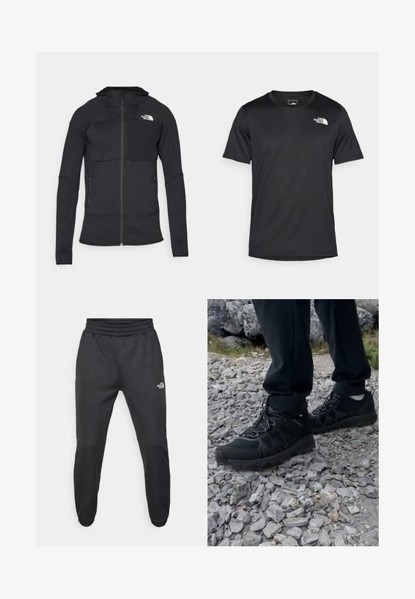 Chaqueta negra con cierre tipo zip, fabricada con un tejido texturizado, capucha y dos bolsillos laterales, que presenta un bolsillo en el pecho con un parche negro y un logo blanco.; Camiseta negra de manga corta hecha de tejido texturizado, con un pequeño logotipo blanco en la parte superior izquierda del pecho, escote redondo.; Pantalones deportivos negros con cintura ajustable mediante cordón, corte tapered, puños elásticos y un pequeño logo blanco en el muslo izquierdo, fabricados en tejido suave.; Zapatos exteriores negros con malla y material sintético, que presentan un upper texturizado, un sistema de cordones seguro y una suela robusta, sobre terreno rocoso.