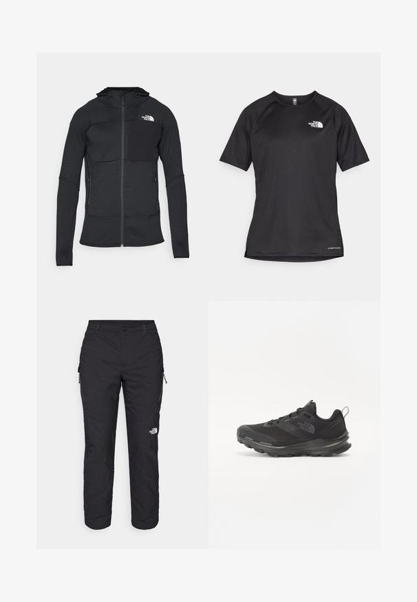 Černá zipová bunda s texturovaným materiálem, kapucí a dvěma bočními kapsami, s náprsní kapsou s černou nášivkou a bílým logem.; Černé sportovní tričko s krátkým rukávem a strukturovanou tkaninou, se bílým logem na levé hrudi a rovým lemem.; The North Face WINTER EXPLORATION TAPERED CARGO - Outdoorové kalhoty - black; Černá sportovní bota s prodyšným svrškem, gumovou podrážkou a polstrovaným límcem. Obsahuje tkaničky, logo na boku a strukturovaný design.
