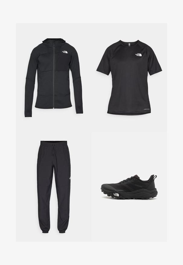 Black zip-up jacket with textured fabric, hood, and two side pockets, featuring a chest pocket with a black patch and a white logo.; Black short-sleeve athletic shirt with a textured fabric, featuring a white logo on the left chest and a straight hem.; Black athletic pants made from lightweight fabric, featuring a drawstring waistband, side pockets, and tapered cuffs at the ankles.; Black trail running shoe with a textured upper, rubber sole, and reinforced toe cap. Features a padded collar and pull tab for easy wear.