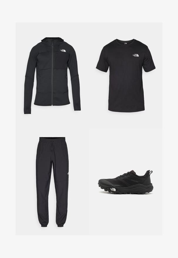 Zwarte zip-up jas van textured stof, met capuchon en twee zijzakken, voorzien van een borstzak met een zwart patch en een wit logo.; Zwarte T-shirt met korte mouwen van katoen, voorzien van een ronde halslijn en een klein wit logo op de bovenste linkerkant van de borst.; Zwarte sportieve broek gemaakt van lichtgewicht stof, met een trekkoord in de taille, zijzakken en taps toelopende boorden bij de enkels.; Zwarte trailrunning schoen met een gestructureerde bovenkant, rubberen zool en versterkte neus. Voorzien van een gevoerde kraag en een trekhaak voor eenvoudig aan- en uittrekken.