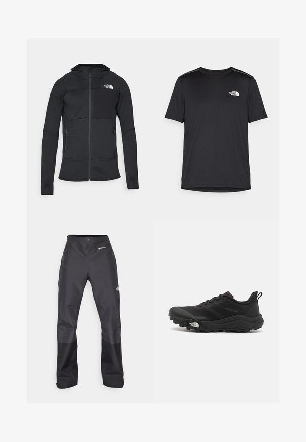 Fekete zipzáros dzseki, texturált anyagból, kapucnival és két oldalsó zsebbel, egy fekete folttal és fehér logóval ellátott mellzsebbel.; Fekete, rövid ujjú póló, könnyű anyagból készült. Bal mellen egy kis fehér logó található, és finom vállrész kiemelések.; Fekete vízálló nadrág sima textúrával, elöl GORE-TEX logóval, és megerősített alsó lábrészekkel a tartósság érdekében.; Fekete terepfutó cipő, textúrált felső résszel, gumitalppal és megerősített lábujjrészével. Párnázott bokarésszel és húzófüllel rendelkezik a könnyű felhúzáshoz.
